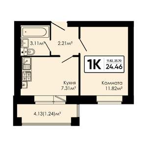 1-к квартира, вторичка, 24м2, 1/4 этаж