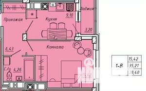 1-к квартира, вторичка, 38м2, 5/9 этаж