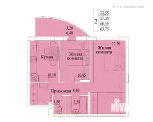 2-к квартира, строящийся дом, 64м2, 7/14 этаж