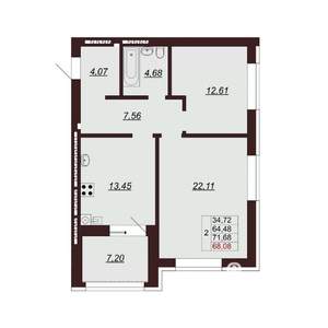 2-к квартира, строящийся дом, 70м2, 9/9 этаж