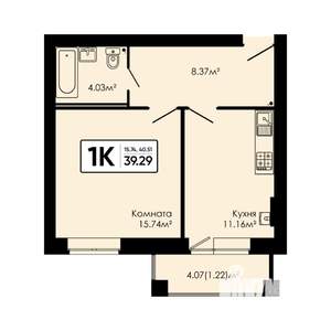 1-к квартира, вторичка, 39м2, 1/4 этаж