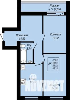 2-к квартира, строящийся дом, 62м2, 8/9 этаж