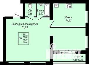 1-к квартира, строящийся дом, 77м2, 1/9 этаж
