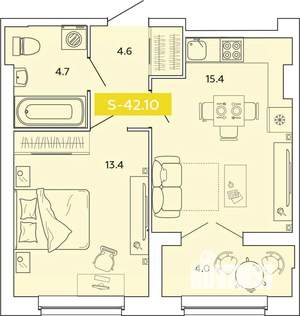 1-к квартира, строящийся дом, 42м2, 2/14 этаж