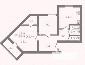 2-к квартира, вторичка, 58м2, 2/9 этаж