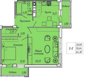 2-к квартира, вторичка, 64м2, 6/9 этаж