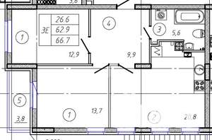 3-к квартира, строящийся дом, 67м2, 2/9 этаж