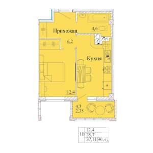 1-к квартира, строящийся дом, 40м2, 6/14 этаж