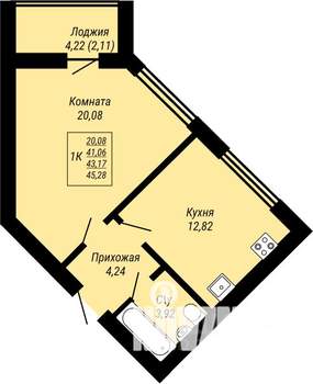 1-к квартира, строящийся дом, 45м2, 6/9 этаж