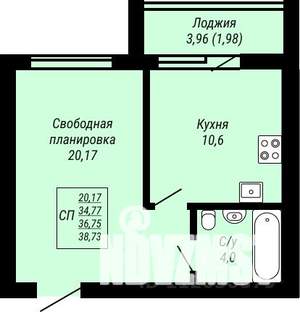 1-к квартира, строящийся дом, 39м2, 1/9 этаж
