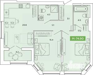 2-к квартира, строящийся дом, 75м2, 7/14 этаж