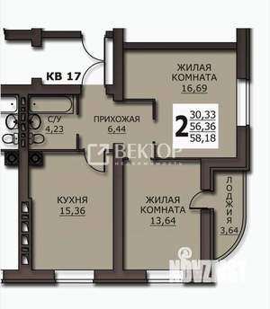 2-к квартира, вторичка, 58м2, 6/10 этаж
