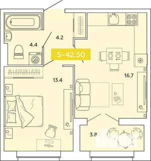1-к квартира, строящийся дом, 43м2, 3/14 этаж