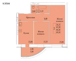 2-к квартира, вторичка, 69м2, 9/9 этаж