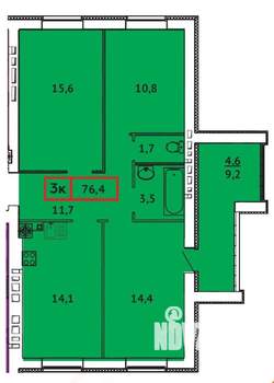 3-к квартира, строящийся дом, 76м2, 9/10 этаж