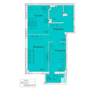 2-к квартира, строящийся дом, 68м2, 4/14 этаж