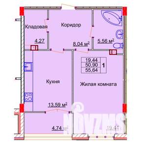 1-к квартира, строящийся дом, 56м2, 12/15 этаж