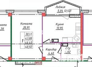 1-к квартира, вторичка, 48м2, 5/14 этаж
