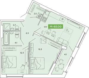 2-к квартира, строящийся дом, 65м2, 2/14 этаж