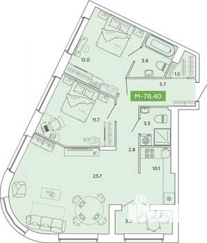 2-к квартира, строящийся дом, 78м2, 3/14 этаж