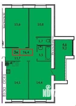 3-к квартира, строящийся дом, 76м2, 4/10 этаж