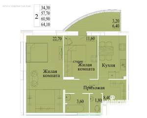 2-к квартира, вторичка, 64м2, 1/14 этаж