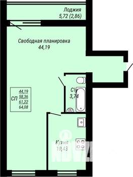 1-к квартира, строящийся дом, 64м2, 4/9 этаж
