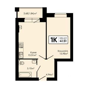 1-к квартира, вторичка, 42м2, 2/4 этаж