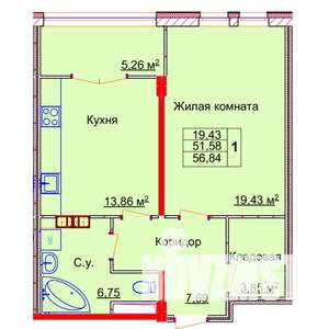 1-к квартира, строящийся дом, 57м2, 10/15 этаж