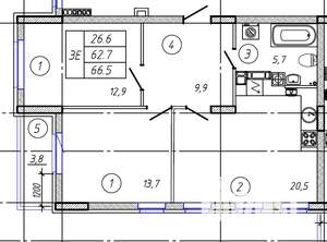 3-к квартира, строящийся дом, 67м2, 3/9 этаж