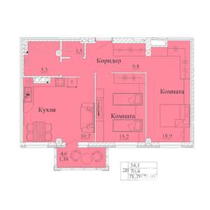 2-к квартира, строящийся дом, 75м2, 9/14 этаж