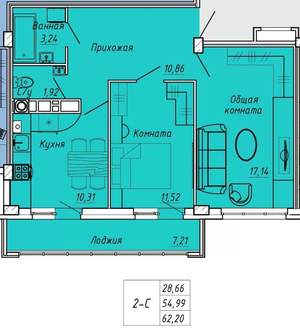 2-к квартира, вторичка, 62м2, 9/9 этаж
