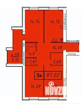 3-к квартира, строящийся дом, 87м2, 2/9 этаж