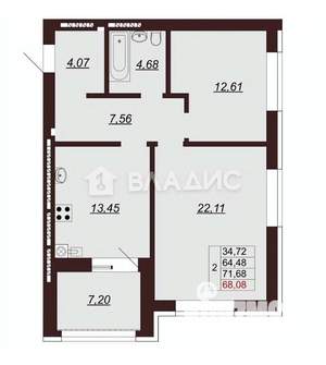 2-к квартира, вторичка, 72м2, 3/9 этаж