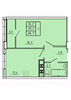 1-к квартира, строящийся дом, 37м2, 1/17 этаж