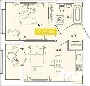 1-к квартира, строящийся дом, 43м2, 8/14 этаж