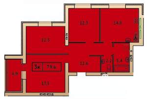 3-к квартира, строящийся дом, 80м2, 4/9 этаж