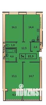 3-к квартира, строящийся дом, 86м2, 1/9 этаж