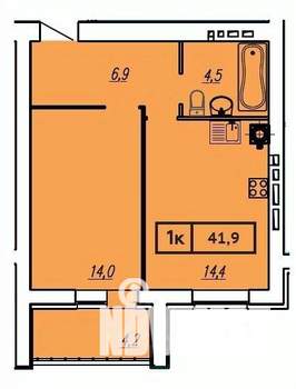 1-к квартира, вторичка, 42м2, 1/9 этаж