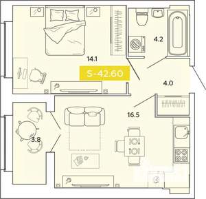 1-к квартира, строящийся дом, 43м2, 2/14 этаж