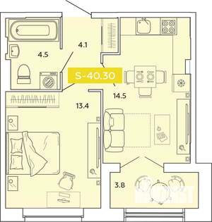 1-к квартира, вторичка, 40м2, 7/14 этаж