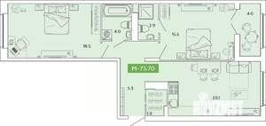 2-к квартира, строящийся дом, 76м2, 4/14 этаж