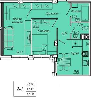 1-к квартира, вторичка, 48м2, 1/9 этаж