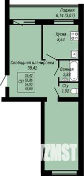 1-к квартира, строящийся дом, 58м2, 6/9 этаж