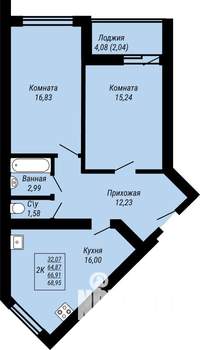2-к квартира, строящийся дом, 69м2, 1/9 этаж