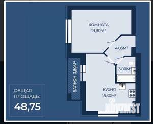 1-к квартира, строящийся дом, 49м2, 6/9 этаж