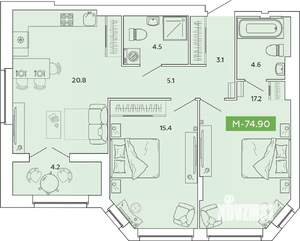 2-к квартира, строящийся дом, 75м2, 3/14 этаж