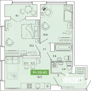 2-к квартира, вторичка, 59м2, 3/14 этаж