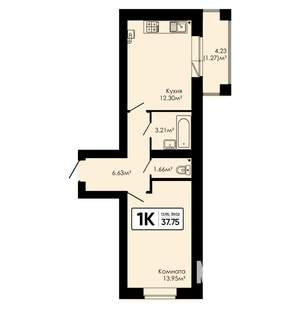 1-к квартира, вторичка, 38м2, 1/4 этаж