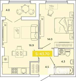 1-к квартира, строящийся дом, 44м2, 6/14 этаж